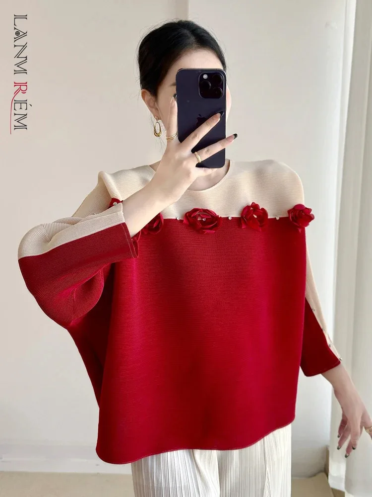 LANMREM Three Dimensional Flower Studded Diamond Pleated T Shirt Women French Style Long Sleeves Color Block Chic Top 2DB1640