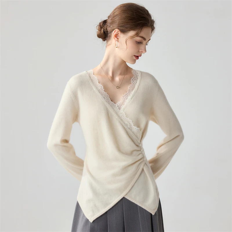 A-class high-quality women's 100% cashmere sweater French lace V-neck pullover slim Tops fashion Jumper solid color Blouse