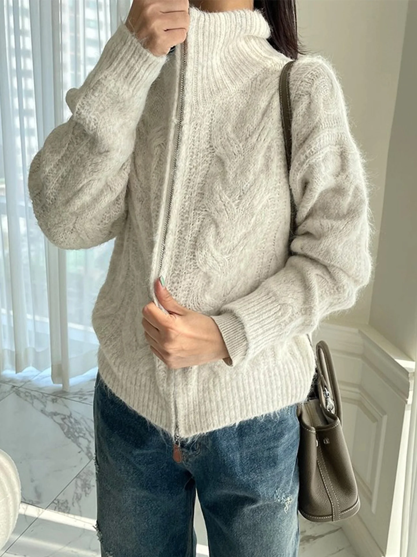 المرأة عالية الياقة مزدوجة سستة محبوك سترة معطف لينة شتاء دافئ جديد Sle الدانتيل نمط طويل Sve سترة أعلى #4