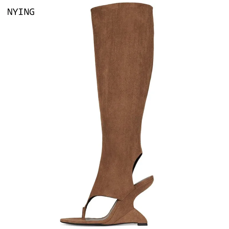 

Women Brown Suede Thong Toe Knee High Boots Hollow Out Cutout Wedge Heel Party Club Streetwear Boots Plus Size 2026 New Arrival