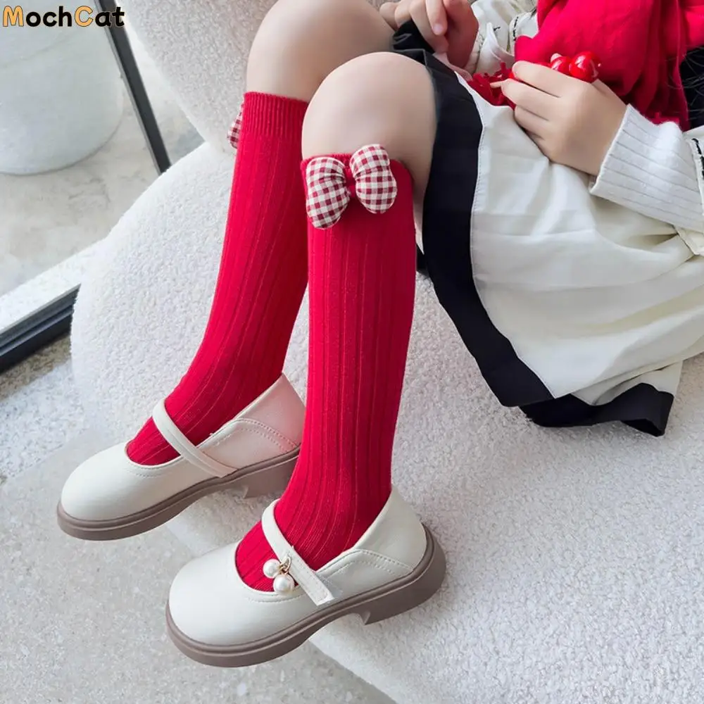 

Kawaii Middle Tube New Year Red Socks Thicken Cotton Bow Hosiery for Kids Sweet Princess Sleeping Socks Home Socks
