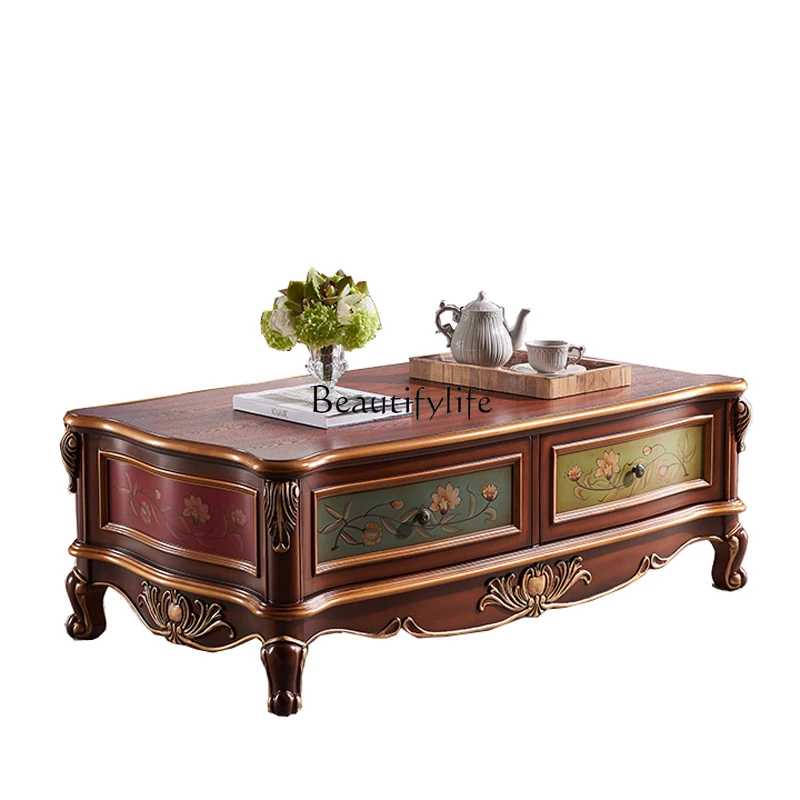 

American solid wood retro coffee table European painted rectangular drawer storage furniture