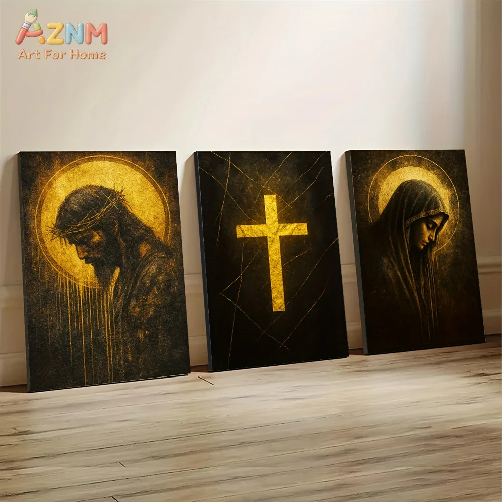 1pc/3pcs Canvas Wall Art Featuring Jesus And The Virgin Mary with a Golden Cross Design, Religious Faith Decor view 3