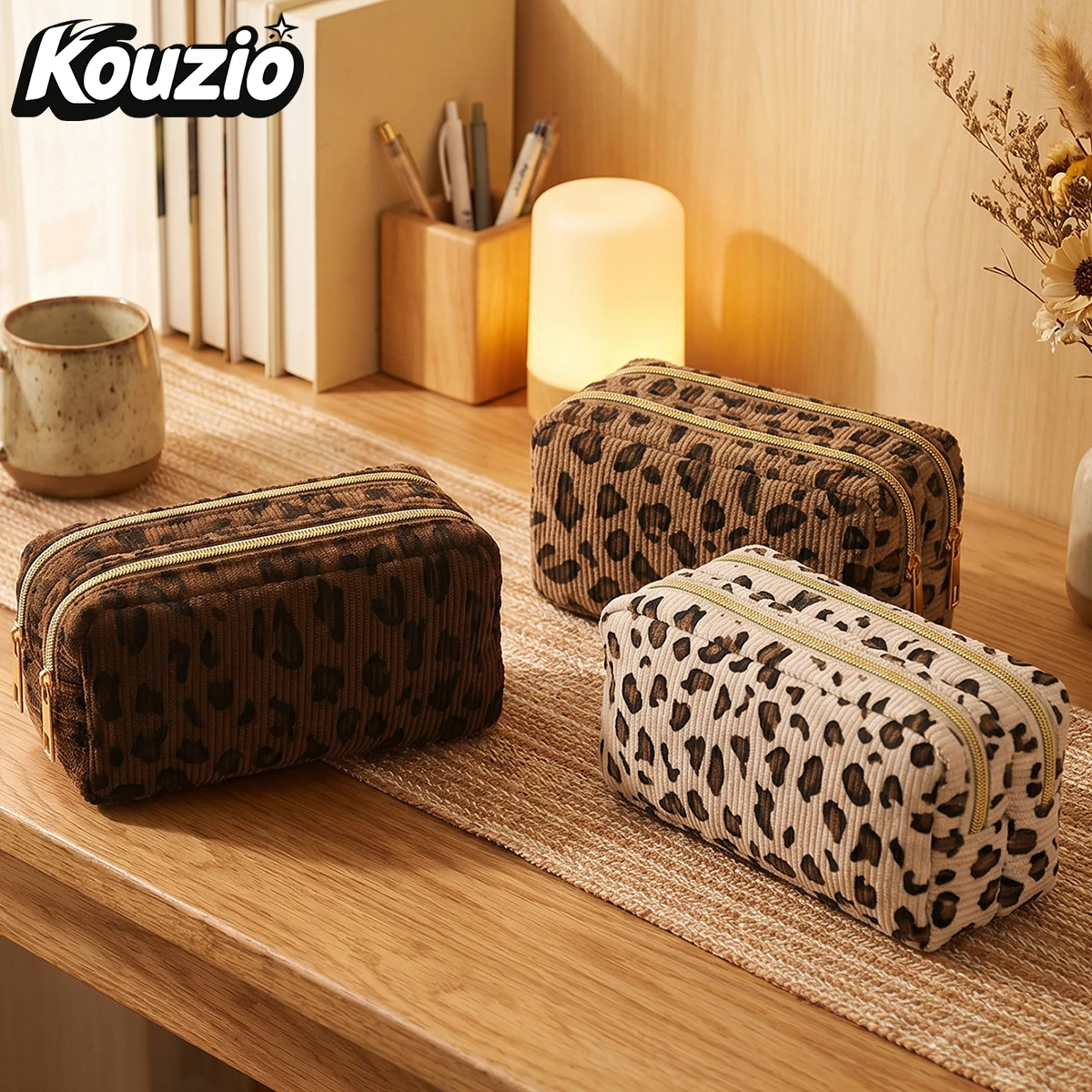 Estojo de Lápis com Estampa de Leopardo e Zíper Duplo, Organizador de Material Escolar de Grande Capacidade, Bolsa Portátil para Canetas, Estojo de Armazenamento, Volta às Aulas