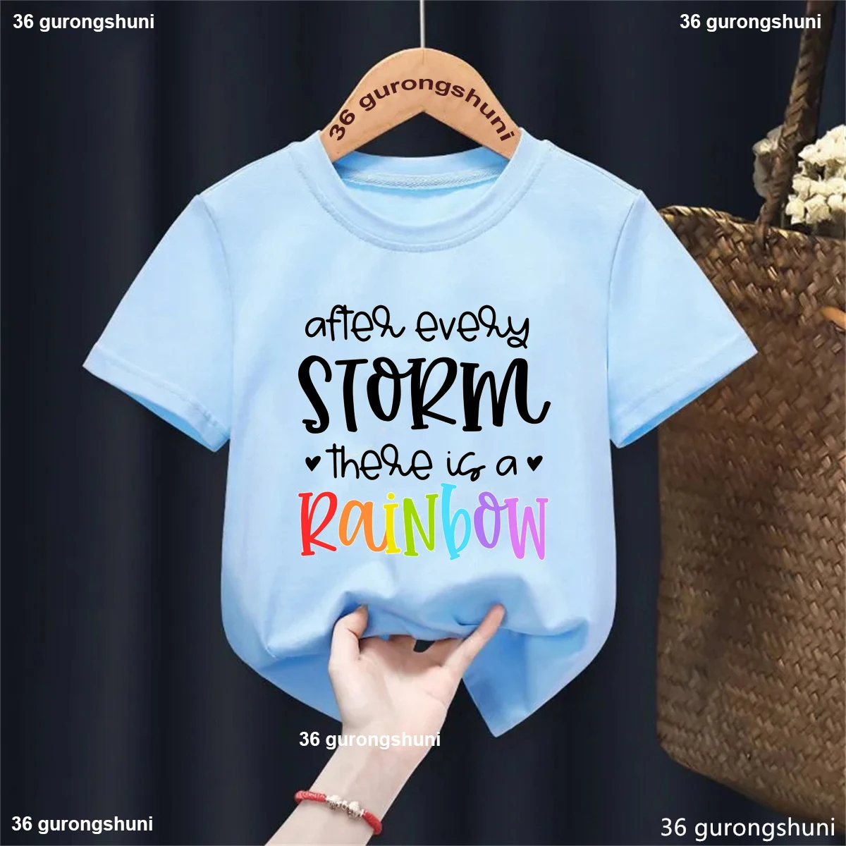 After Every Storm These Is A Rainbow Letter Printed Tshirt Girls/Boys Funny Kawaii Kids Clothes Harajuku Shirt Solid T-Shirt