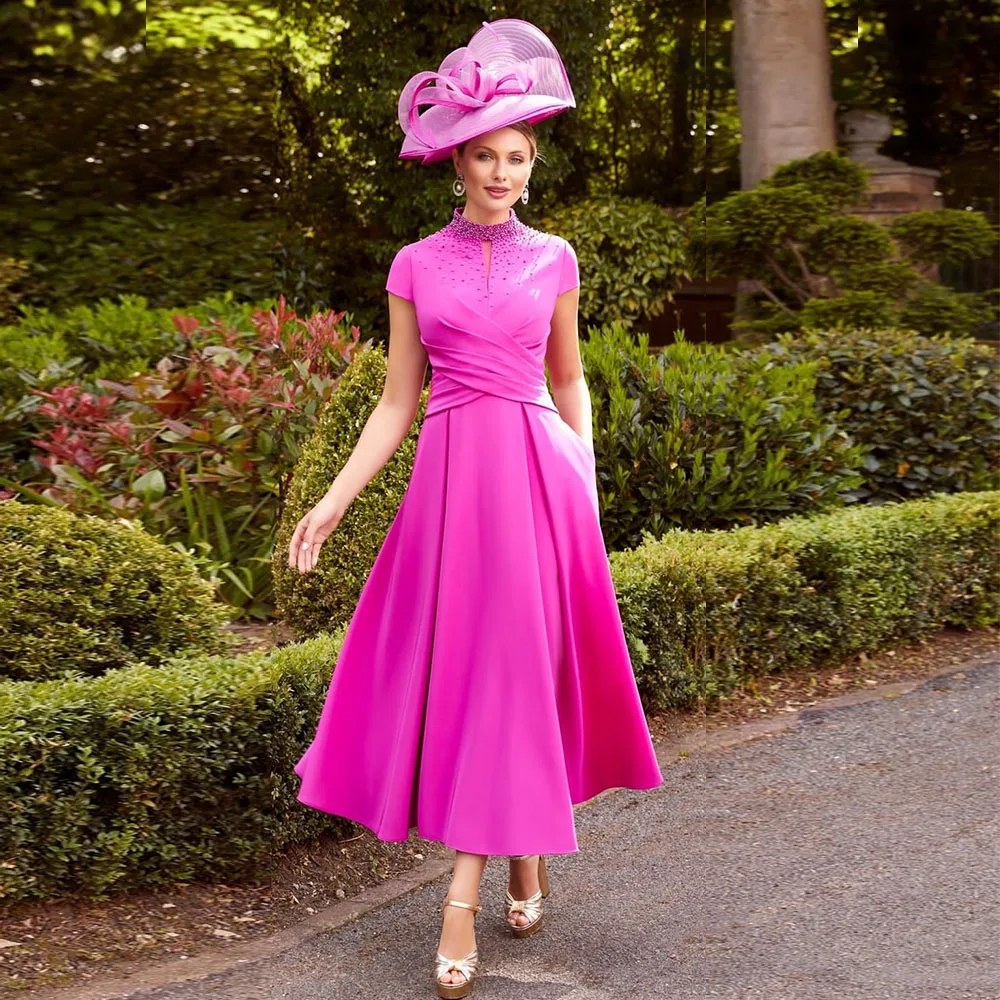 

Charming Fuchsia A-line Mother of the Bride Dresses High Neck Beading Short Sleeves Wedding Guest Gowns 2024 Robe De Soiree