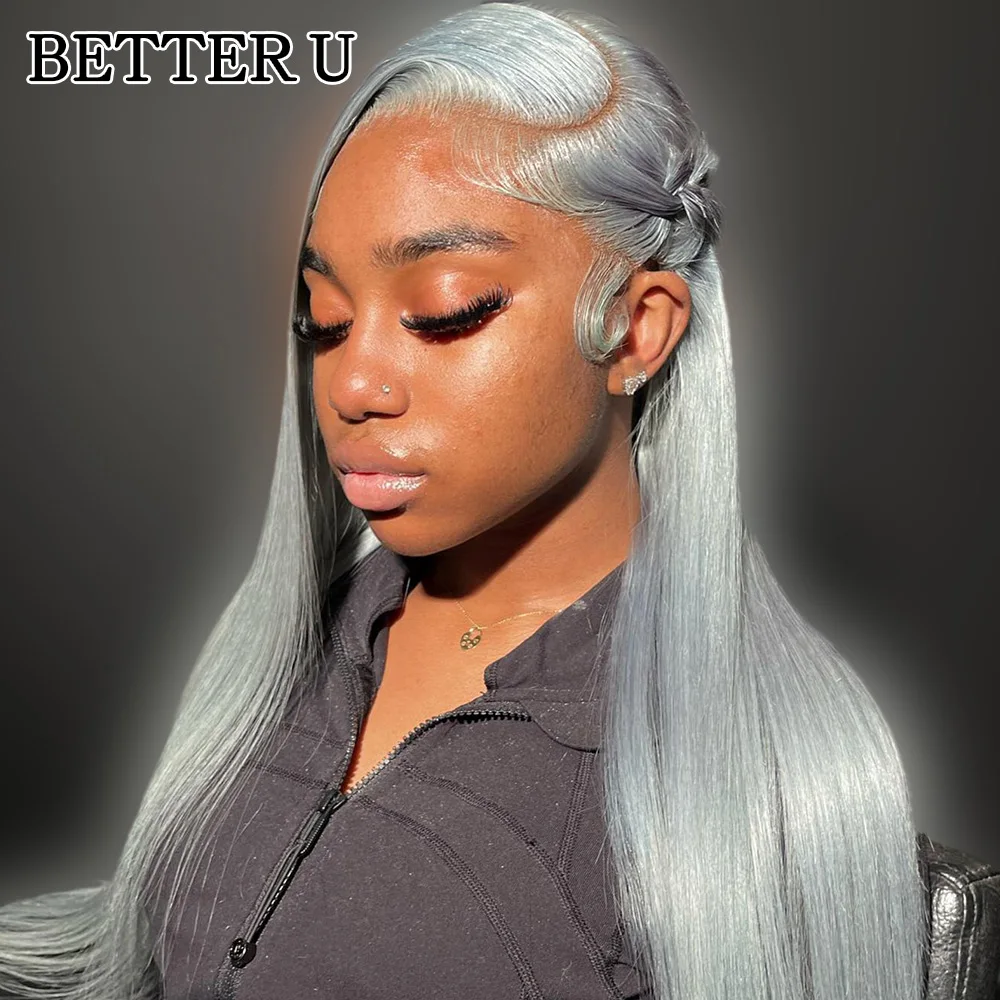 Silver gray Human Hair straight 13X6 Lace Front Pre-Stretched Wig Transparent Lace Front Wig 13x4 High Gloss Wig 250 Density