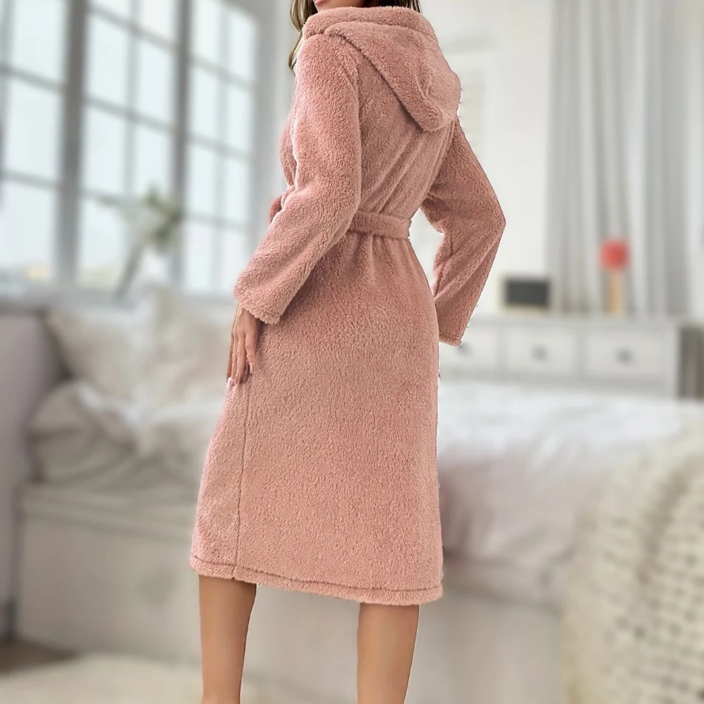 Solid Color Polyester Bathrobe for Women with Hood Loose Regular Length for Home Vacation Holiday and Daily Use