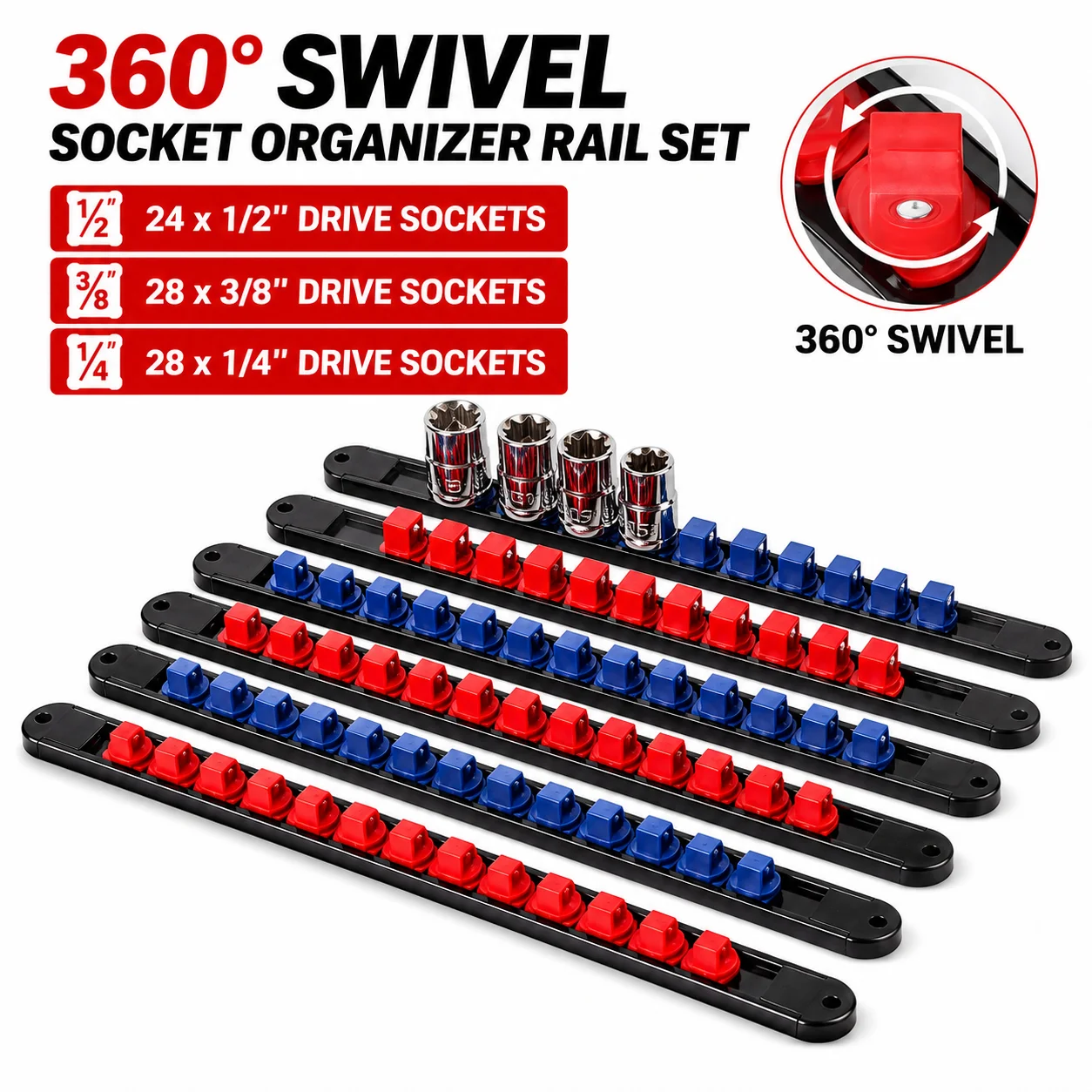 360 °   Organizador de soquete abs giratório, 1/4 tamanhos, 3/8 tamanhos, 1/2 tamanhos, qualidade premium, suporte de trilho, ferramentas organizadoras de soquete, azul e vermelho