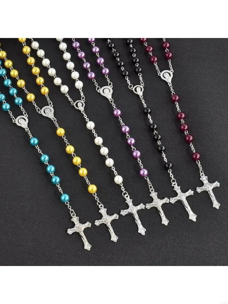 

Imitation Pearl Rose Rosary Necklace Pendant Women Catholic Religious Gift