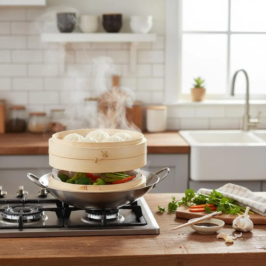 

Kitchen Bamboo Steamer with Lid Practical Bun Steamer Basket for Dumplings and Vegetables Household Food Steaming Tool