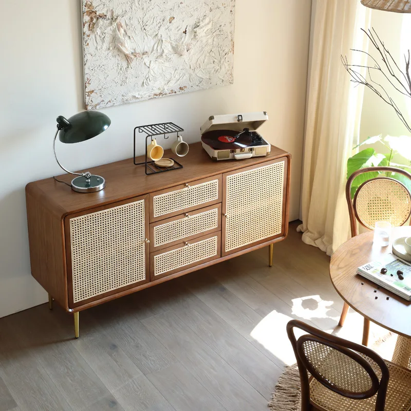 

Wabi Sandy Wind Solid Wood Dining Side Cabinet Home Bedroom TV Cabinet Nordic Drawer Rattan Storage Cabinet