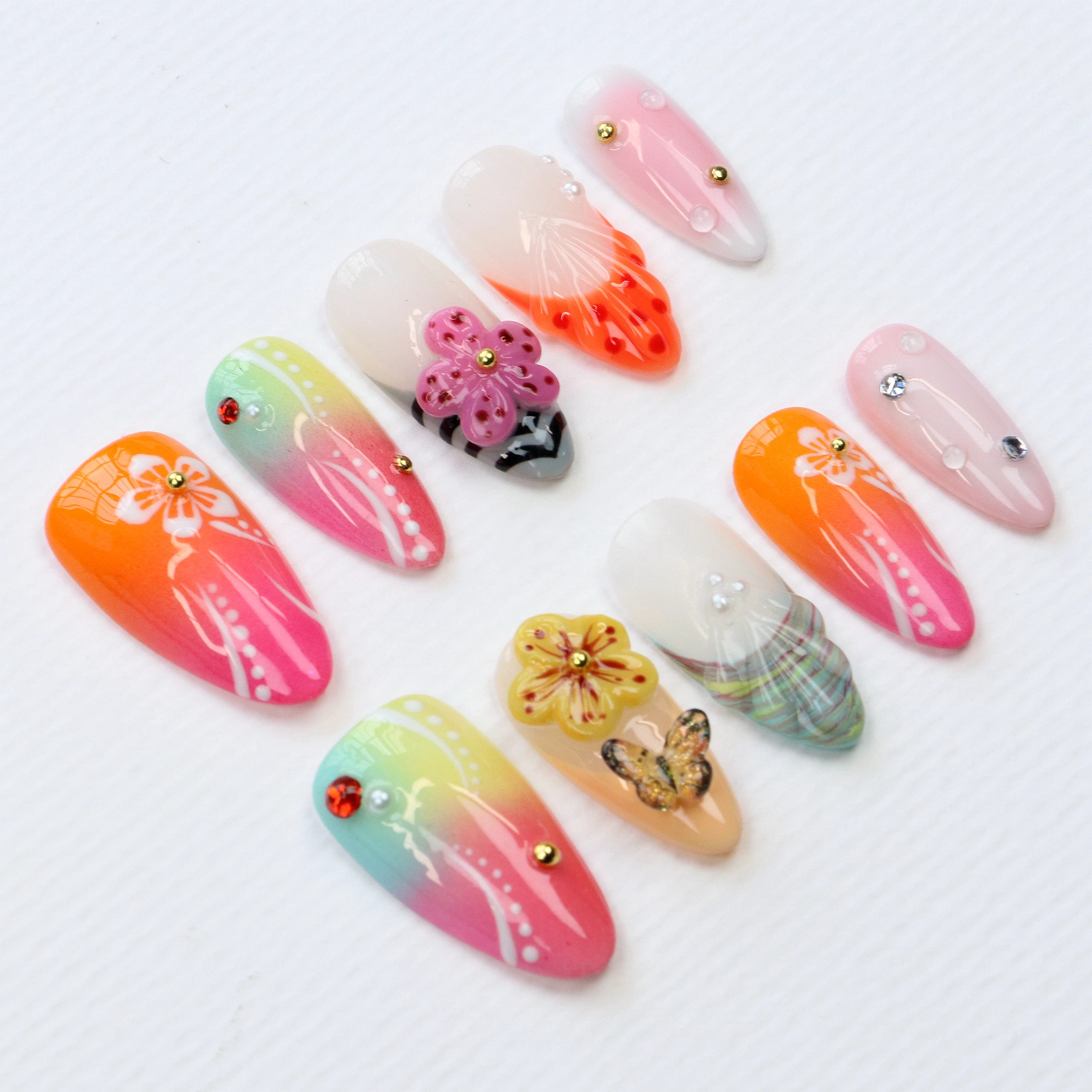 10 pièces Aloha Bloom Beach Vibe 3D fleur colorée amande presse sur les ongles, pointe française personnalisée, printemps été, cadeau de vacances