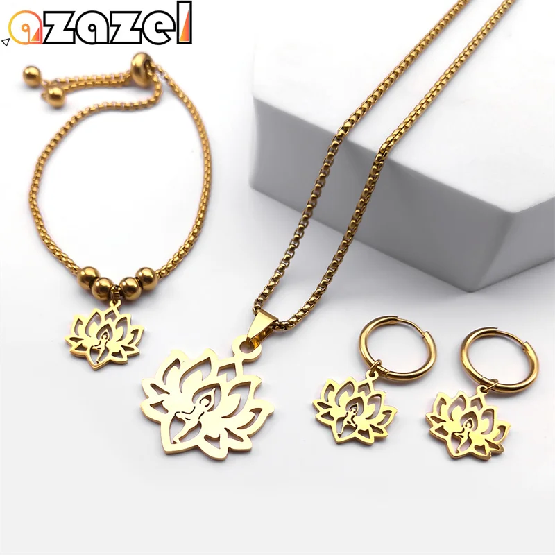 

Stainless Steel Yoga Lotus Flower Jewelry Set for Women Men Gold Color Boho Elegant Earring Necklaces Bracelet Gifts Wholesale