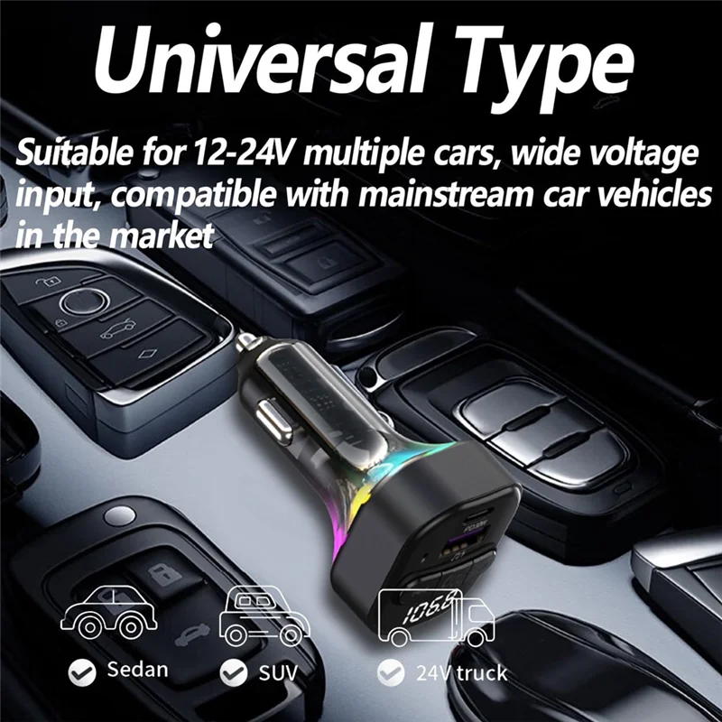 Durable-Bluetooth 5.3 FM Transmitter Support MP3 Player, Hands-Free Calling, LED Backlight For Car With Type-C PD Car Charger