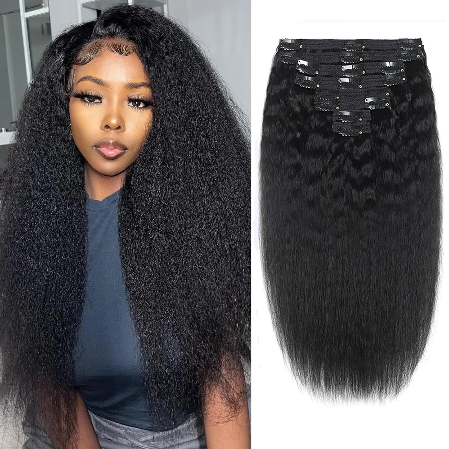 

Kinky Straight Clip in Hair Extensions Real Human Hair 120g 8pcs Yaki Straight Clip Ins Hair Extensions For Women Natural Black