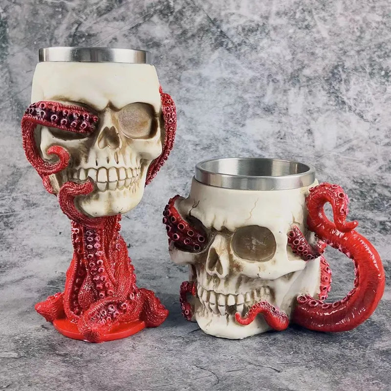 Octopus Stainless Steel Beer Glass Skull-Shaped Novelty Goblet for Halloween Quirky Themed Drinking Mug Unique Decro for Party