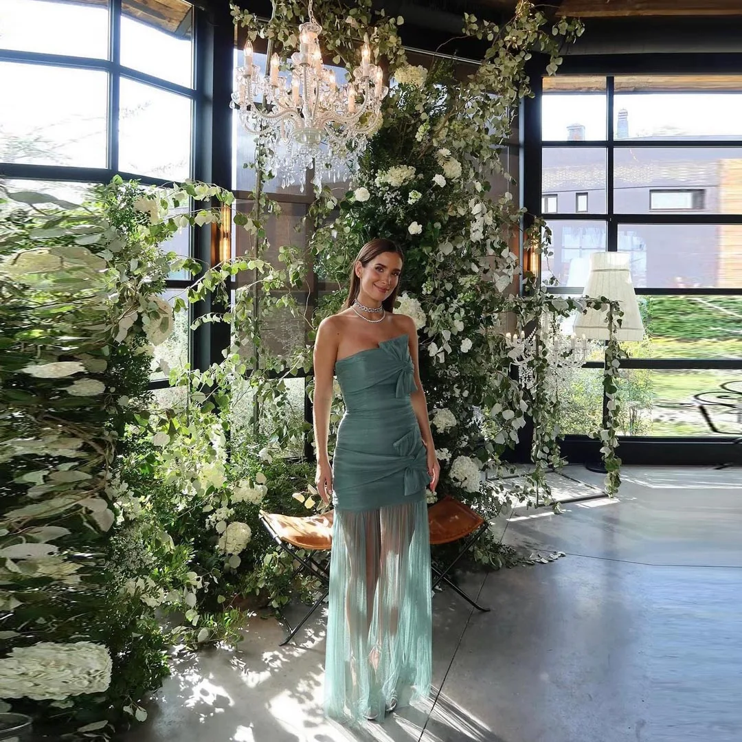 

Turquoise Green Strapless Bow Banquet Party Dresses Pleated Sheer Tulle Formal Dress Floor Length Long Sleeveless Prom Gowns