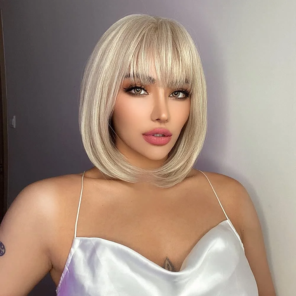 HAIRJOY Synthetic Hair Blonde Bob  Short Wig with Bangs for Women Daily Party  Wigs