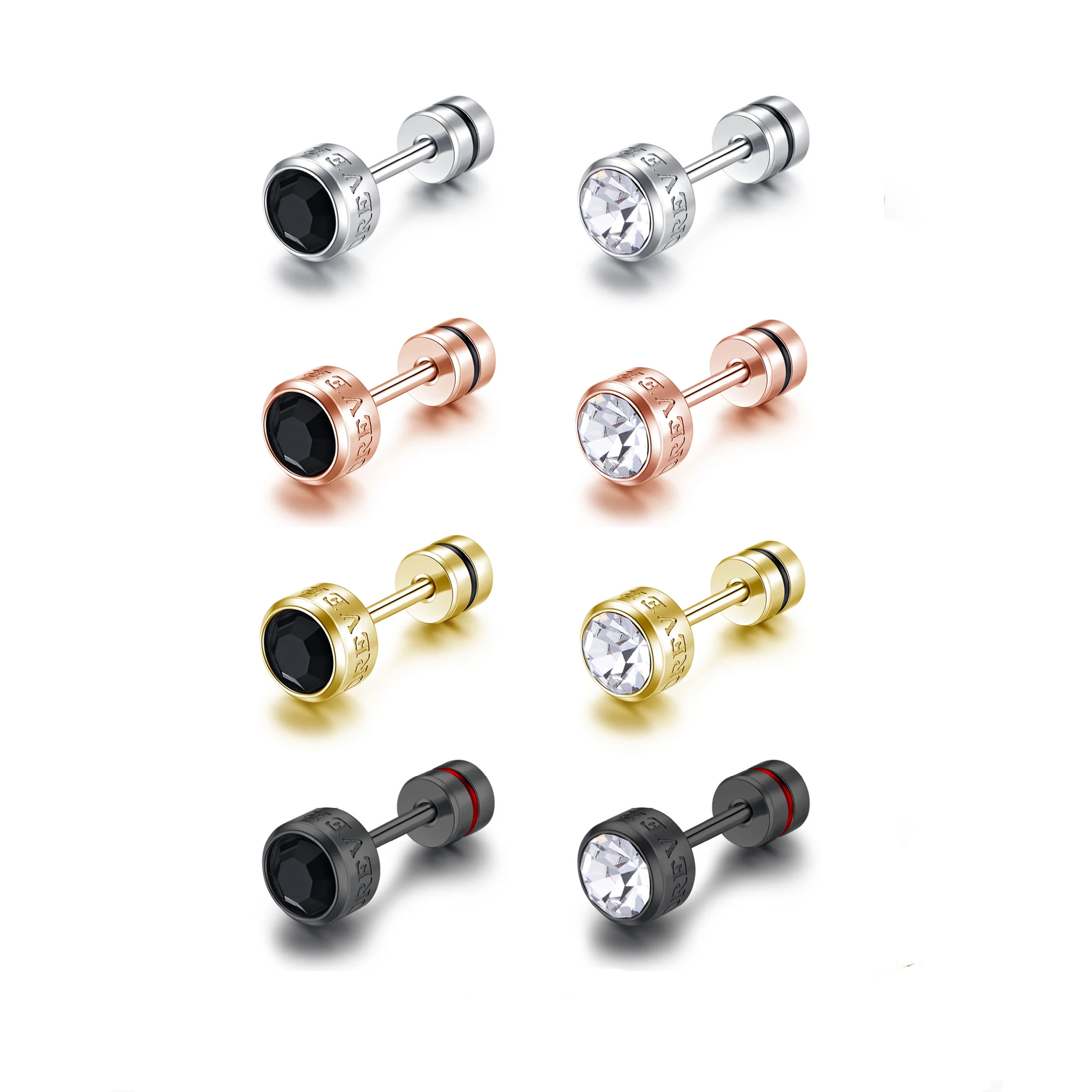 1pc/2pcs Stainless Steel ETERNAL LOVE Letters CZ Zircon Rhinestone Thread Needle Screw Earrings Ear Studs For Men And Women