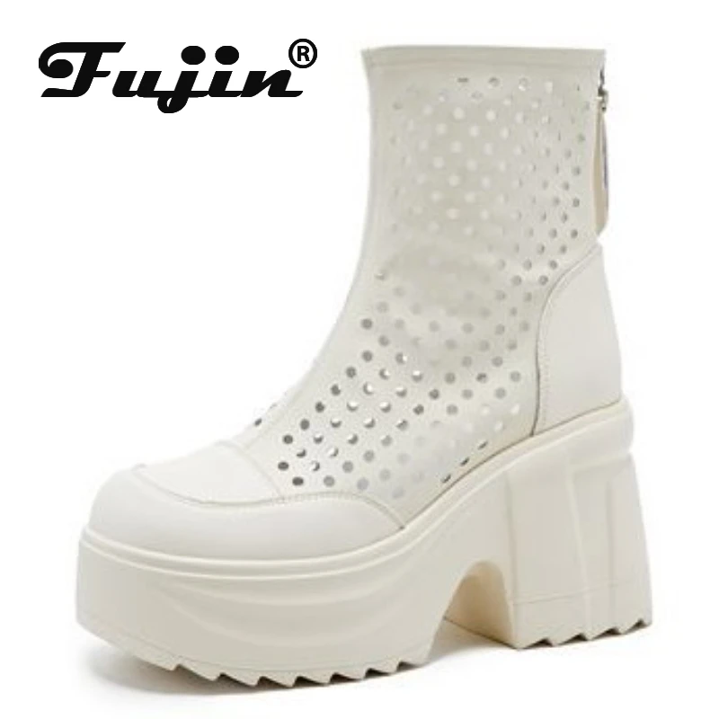 Fujin 11cm Hollow Genuine Leather Summer Fashion Sandals Casual Knee High Ankle Boots Breathable Wedge Platform Wedge ZIP Shoes