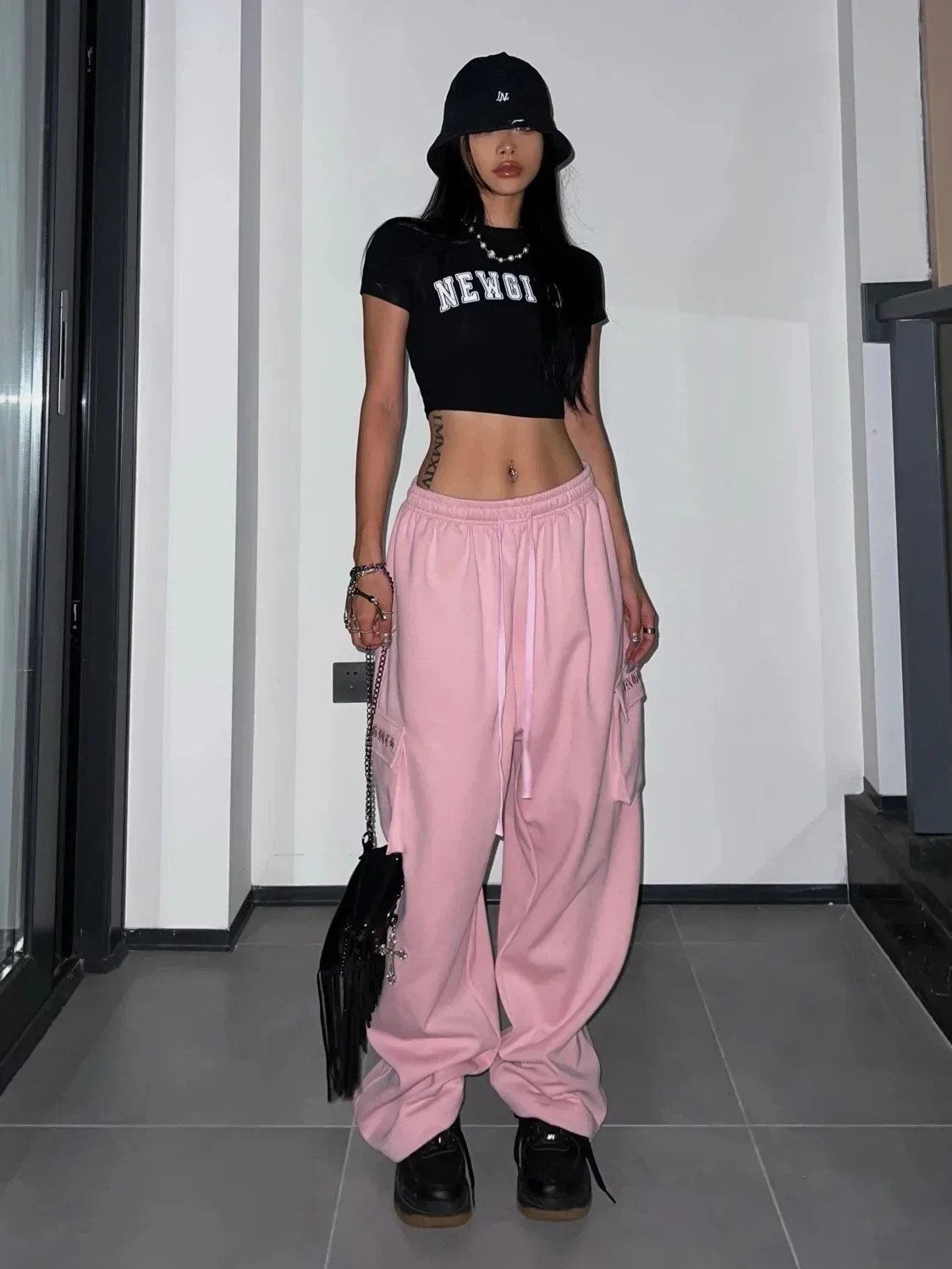 Y2K Pink Cargo Pants Women Kpop Style Streetwear Wide Leg Sweatpants Oversized Korean Fashion Hip Hop Jogger Trousers