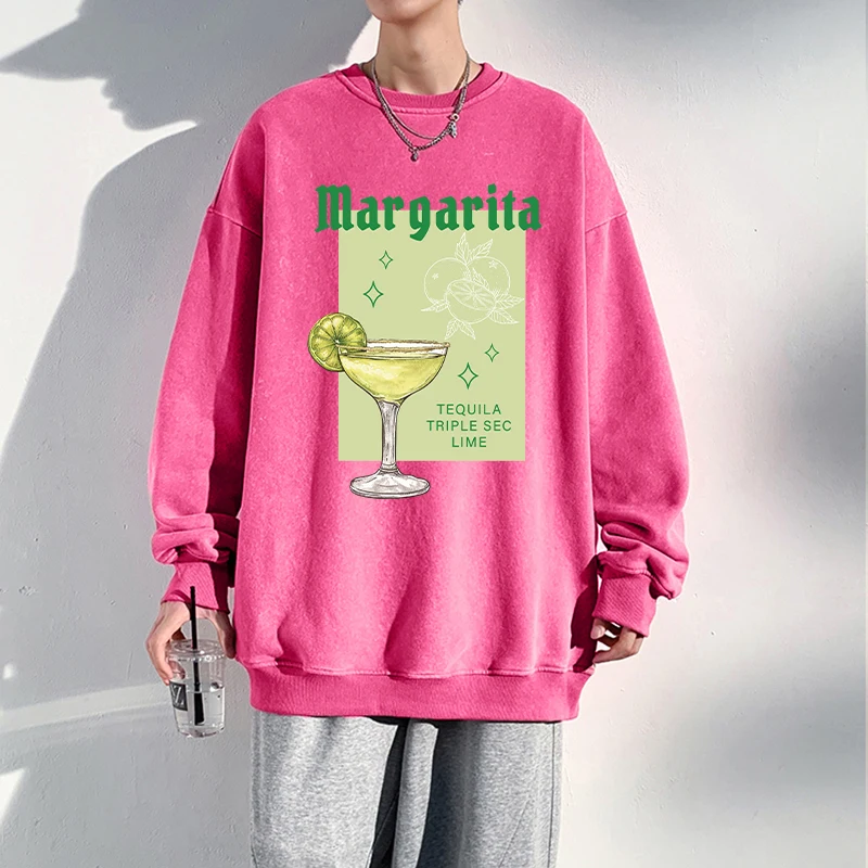 Margarita Juice Printing Distressed Cotton Men Sweatshirt Loose Washed Warm Comfortable Sportswear Simple Round Neck Tops Male