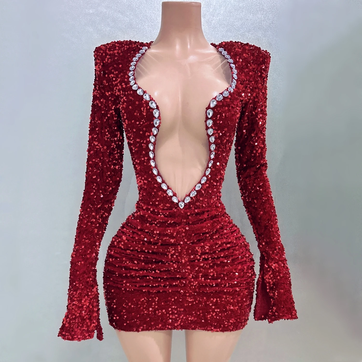 Minivestido Sexy transparente con lentejuelas rojas y diamantes de imitación, ropa de escenario personalizada para actuación en club nocturno, fiesta de cumpleaños y Noche