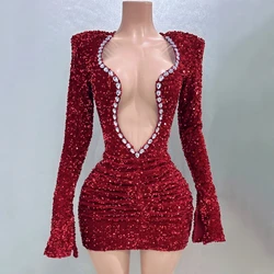 Sexy See Through Sheath Mini Dress Red Sequins Rhinestones Nightclub Performance Custome Stage Wear Birthday Evening Party Dress