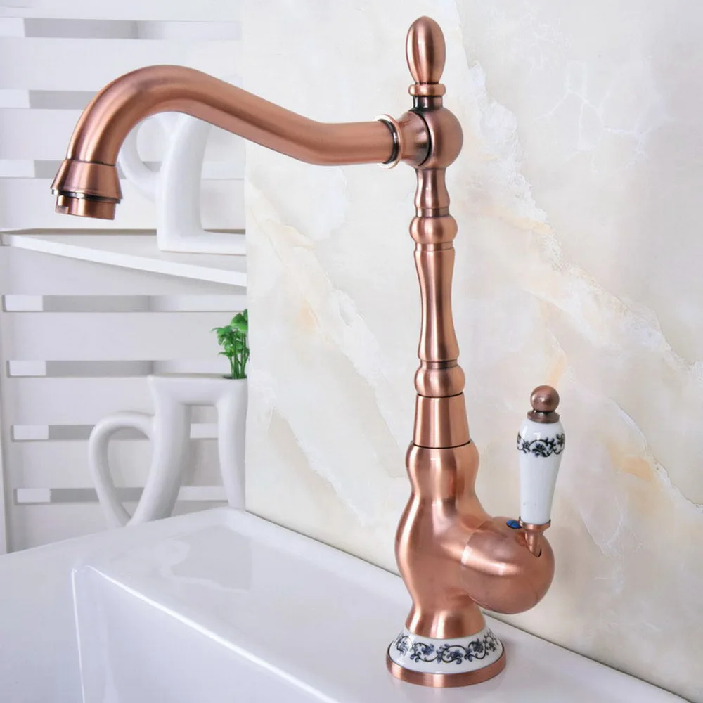 Red Copper Kitchen Bathroom Faucet Blue and White Porcelain Handle Classical Luxury Faucet Deck Installation Sink Tap Nnf640