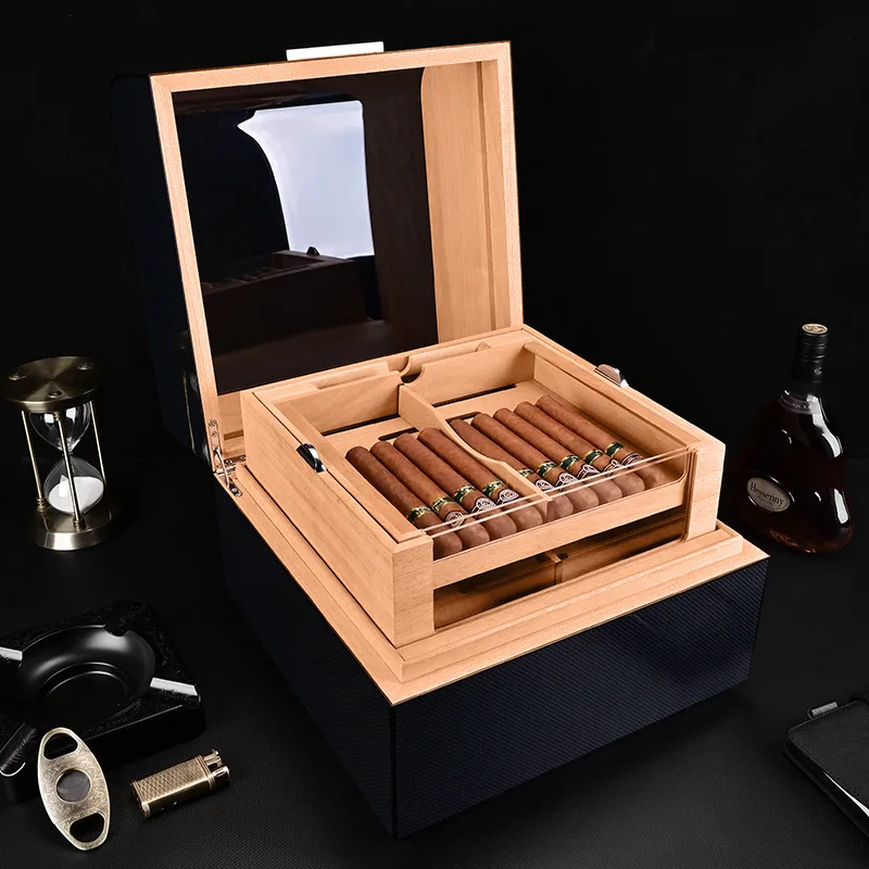 Cigar Display Case Cedar Wood Cigar Case Large Capacity Storage Cigar Case Three Layer Carbon Fiber Humidor Smoking Accessories