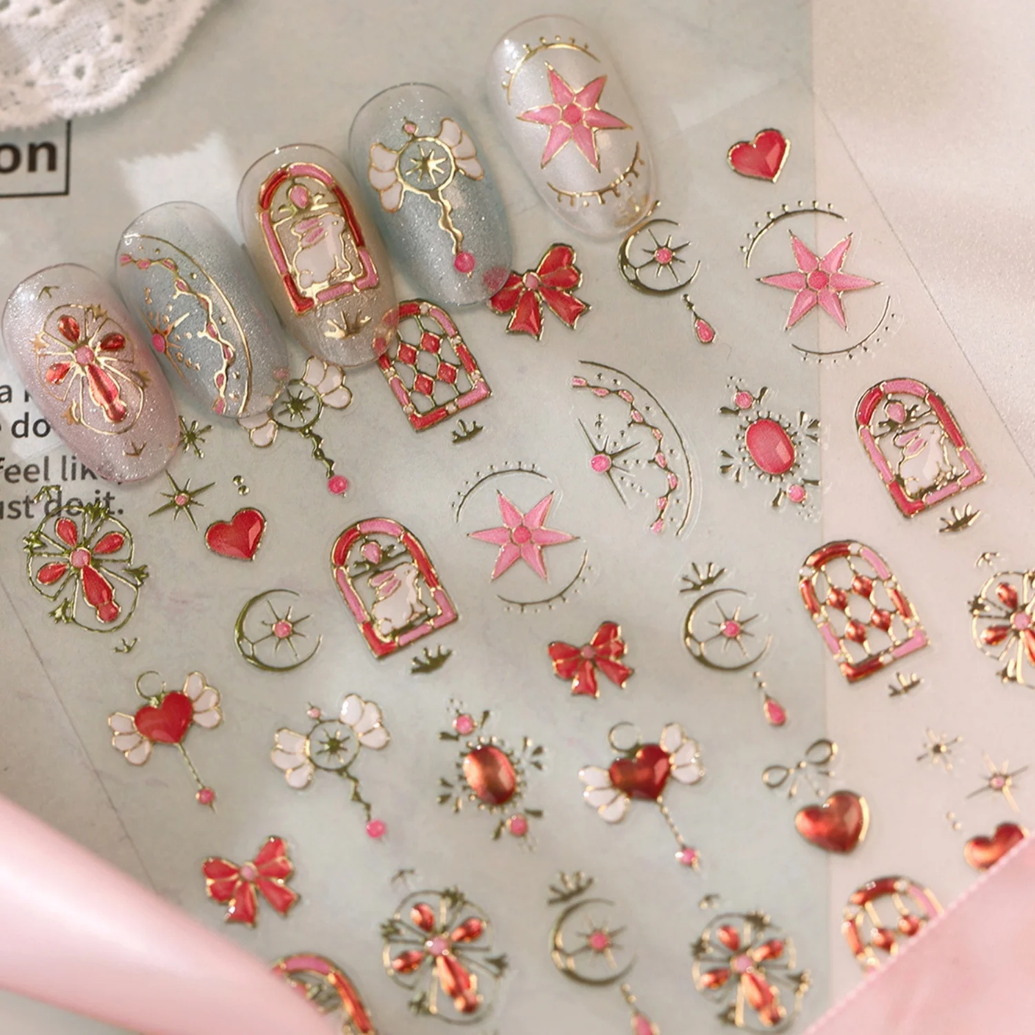 5D Golden Rim Arch Window Nail Stickers Star Bow Love Heart Pendant Crescent Moon Flower Wreath Charms Vintage Royal Nail Decal
