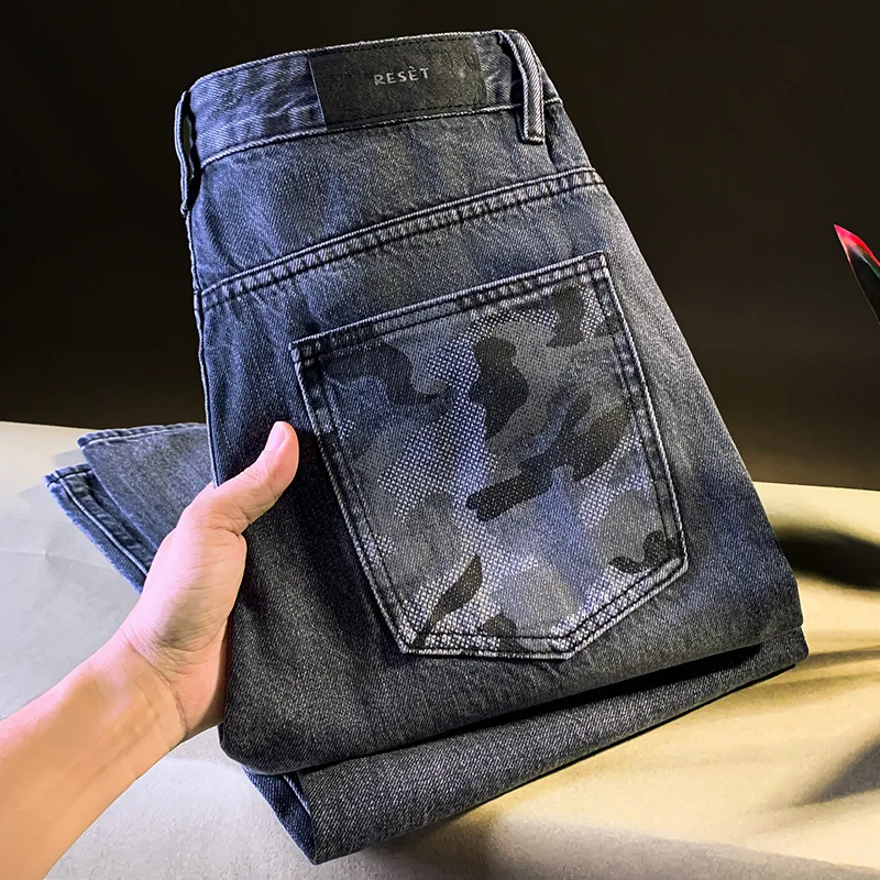 

Light luxury fashion straight leg loose jeans men's 2025 autumn new item pocket printed washed American casual wide leg pants