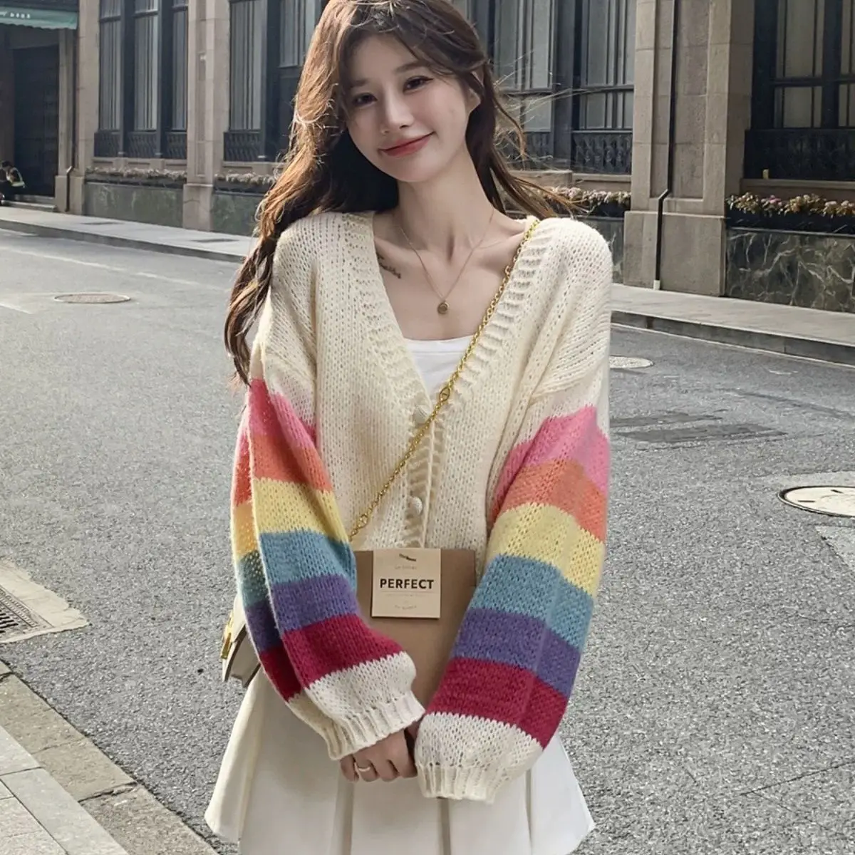 

Colorblock Knitted Cardigan 2024 New Autumn Style Women'S High-End Loose Niche Design Sweet Short Jacket