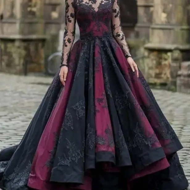 Robe De mariée gothique noire et bordeaux, manches longues, avec des Appliques en dentelle et plis, personnalisée, 2025