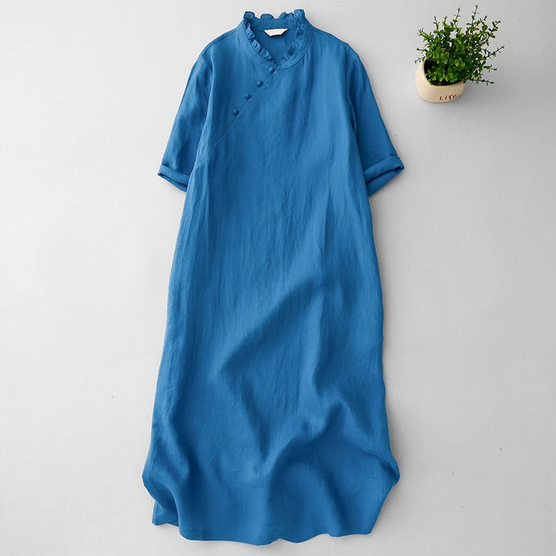 

2025 Summer New Office Lady Woman Cotton Dress Vestidos Robe Solid Loose Plus Size Short Sleeve Stand Collar Long Dress N671