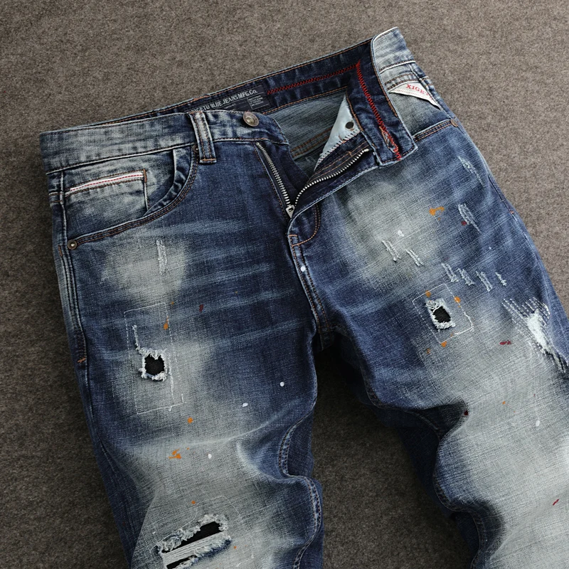 Street Designer Fashion Men Jeans Retro Blue Stretch Slim Fit Painted Ripped Jeans Men Patched Vintage Y2K Denim Pants Hombre