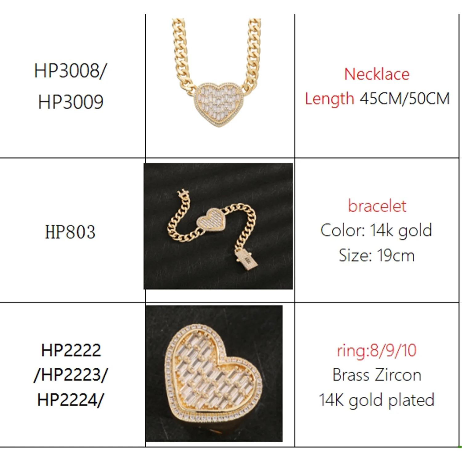 14K heart-shaped jewelry set rings necklaces bracelets women's jewelry couples dating couples dress up parties engagement