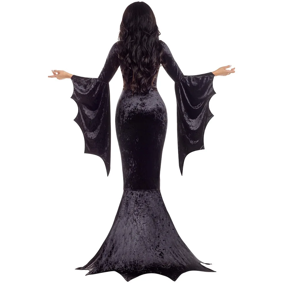 Morticia Addams Witchy Costume Gothic Gown Robe with Bat Sleeve & Long Train, Dark Horror Outfit for Adult Halloween Terror