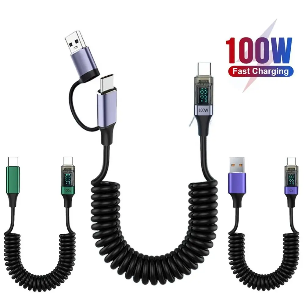 Professional Digital Display Type-C Cable PD 100W Data Transmission Spring Wire 2 in 1 Scalable Fast Charging Line