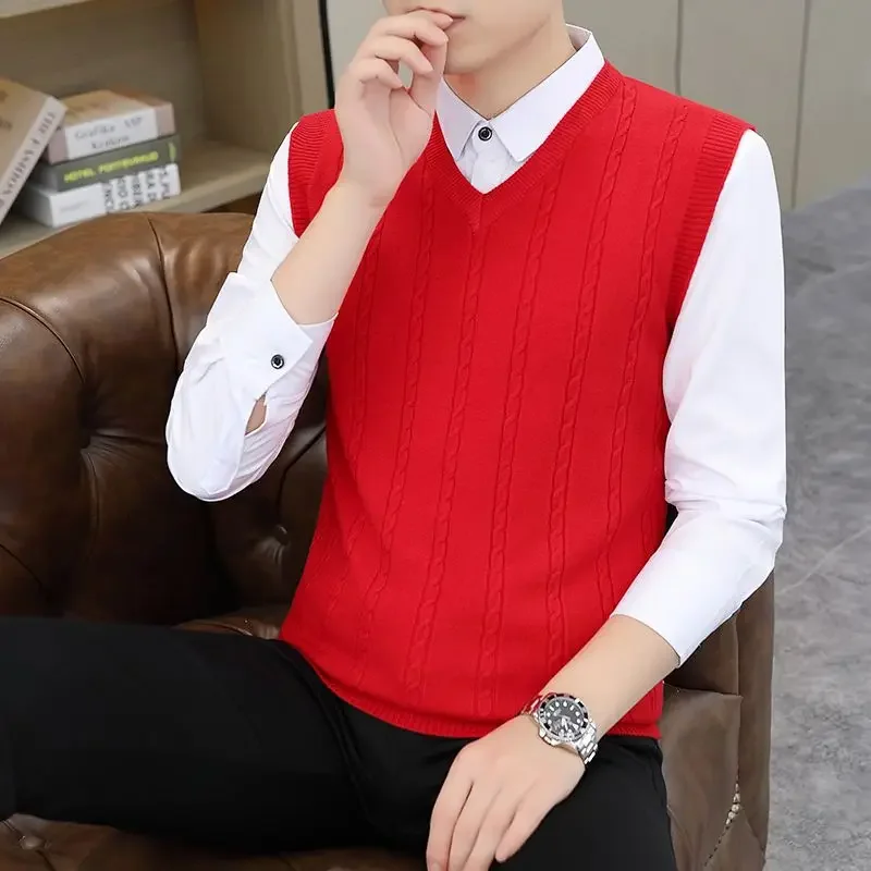 

Men's Spring Autumn V-Neck Knitted Vest Slim Fit Solid Color Base Layer Cardigan Casual Daily Commute Student Korean Style