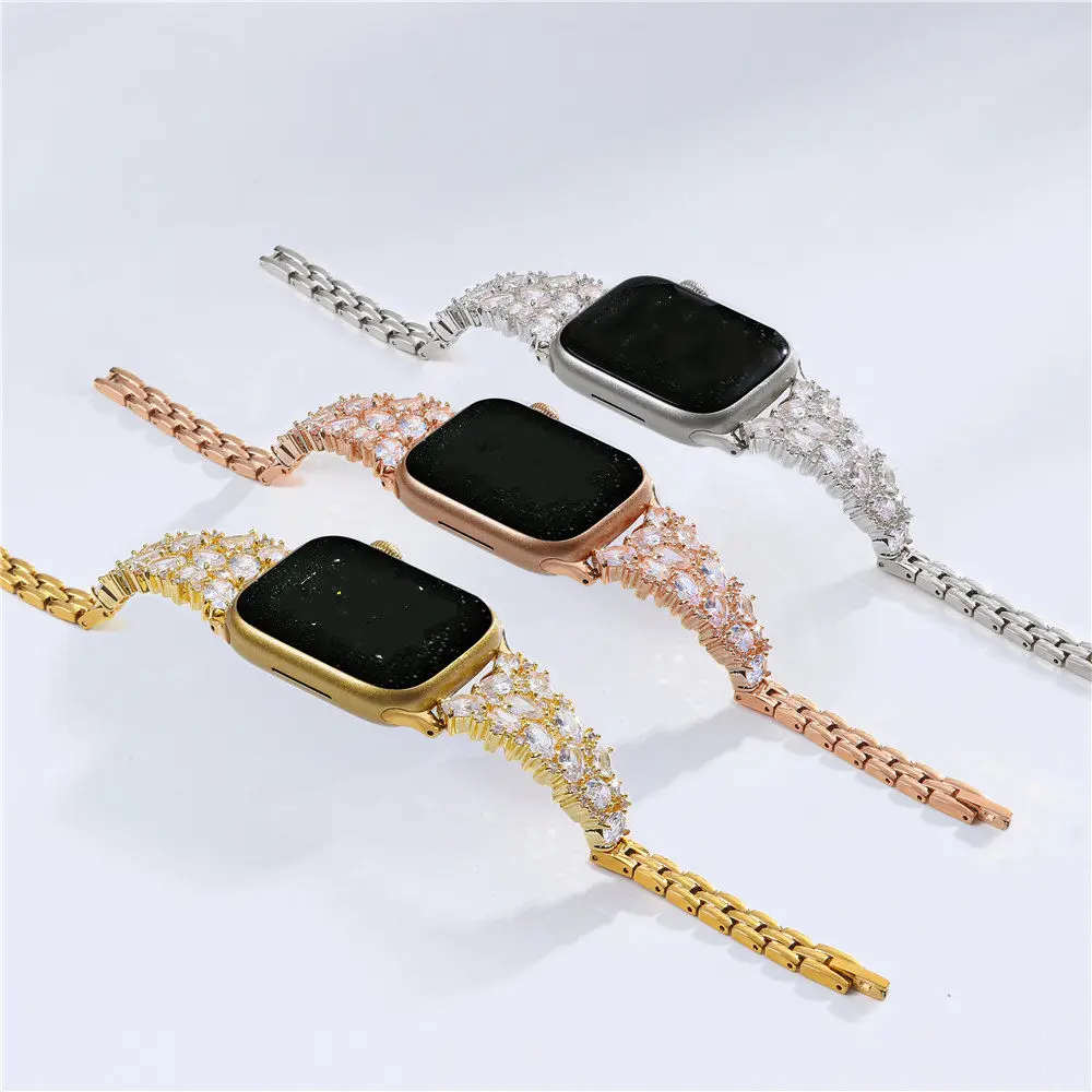 Luxury Copper Big Bling Diamond Wrist Strap for Apple Watch Series 9 8 7 6 5 4 SE Ultra