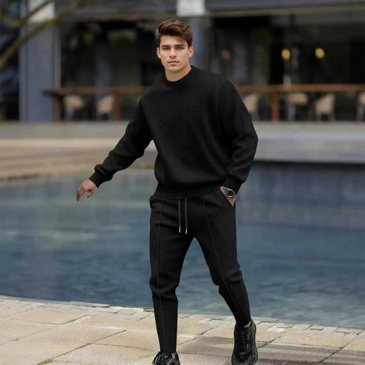 Men's Autumn Fashion Waffle Check Solid Color Long-Sleeved Round-Neck T-Shirt with Long Pants Street Style American Set