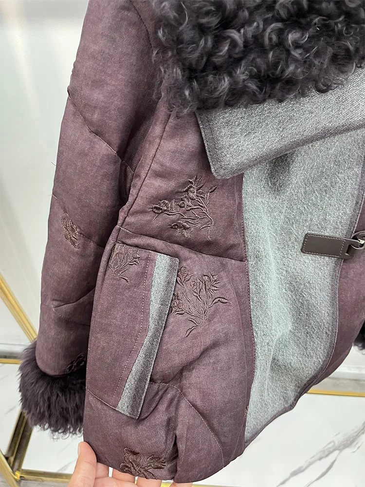 2025 Winter Natrual Real Sheep Lamb Fur Collar Women's Warm Denim Coat Goose Down Jacket Luxury Thick Outwear Female Coats