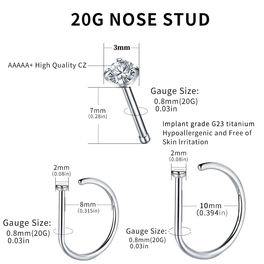 6Pcs Set 20G 8mm 10mm Nose Rings Hoops Straight Shaped Rod Screw Nose Studs 1.5-3mm Cubic Zircon Piercing Jewelry for Women Men