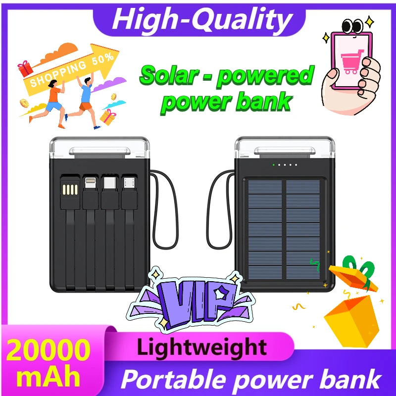 

10000mAh 20000mAh Outdoor Solar Power Bank Compact and Portable with Built-in Cable LED Camping Light Mobile Power