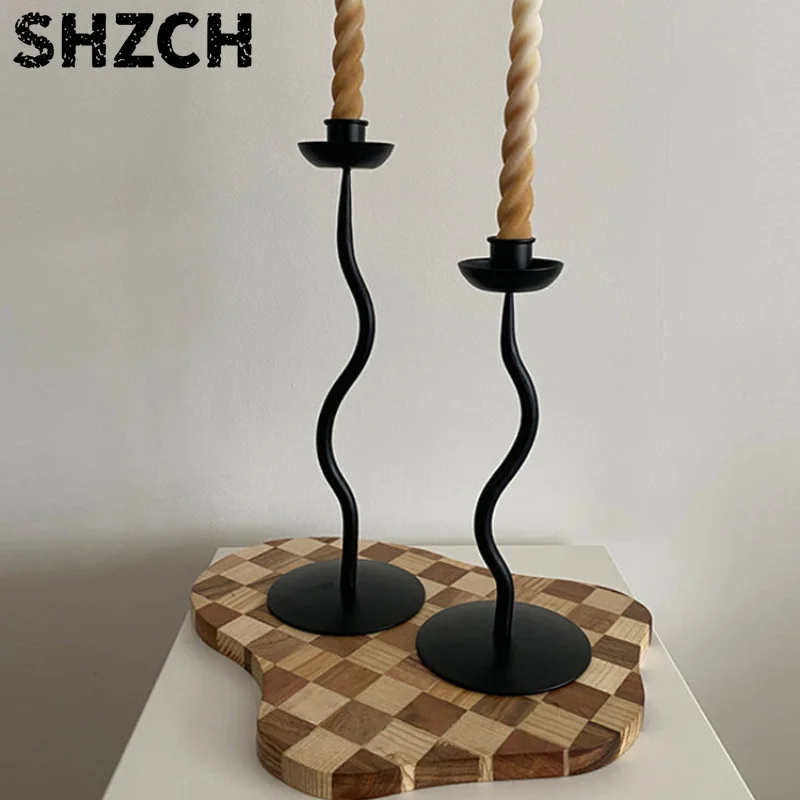 Set of 2 Vintage Hand-welded Candlestick Candelabra Black Metal Wavy Candel Holder Retro Candlestick Wabi-sabi Home Decoration