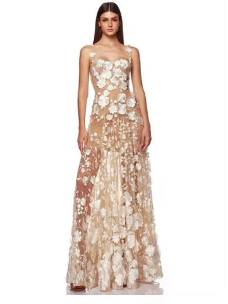 

2024 Luxury Sexy Strapless Embroidery A Line Flower Maxi Long Women Celebrity Dress Elegant Party Evening Club Vestido