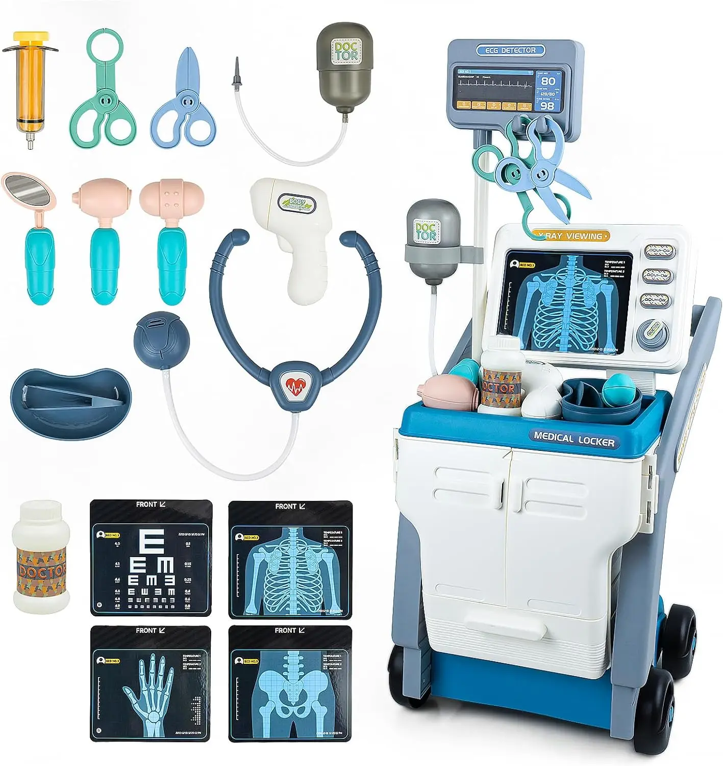 COSTWAY Centre Médical Enfant En Bois – Hôpital Jouet Avec CT Mobile, Tableau Optique, Outils Docteur, étagères, Pour 3+ Ans (bleu)