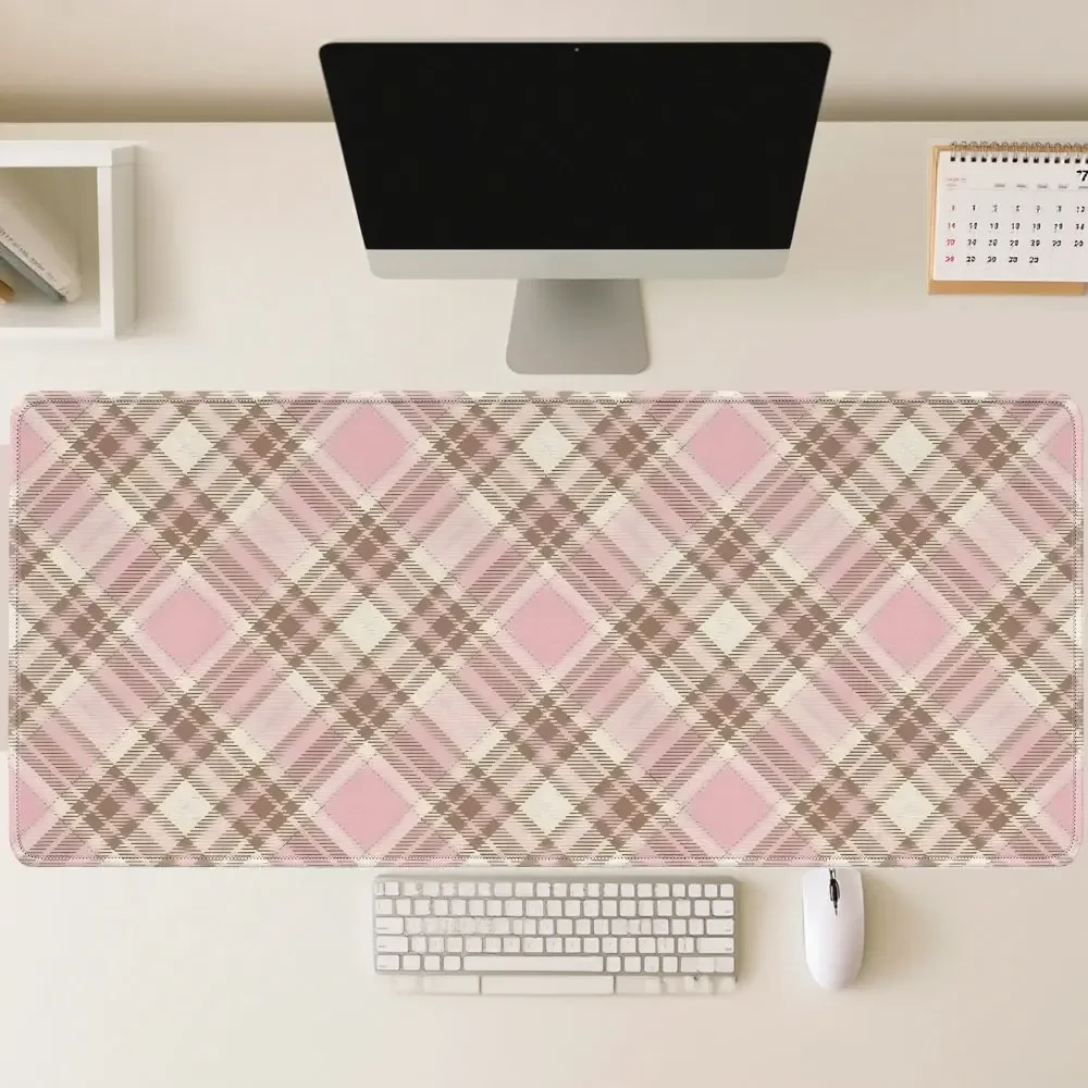 Soft Pink Brown Tone British Plaid Desk Mat, Large Flat Gaming Desk Mat with Decorative Mouse Pad